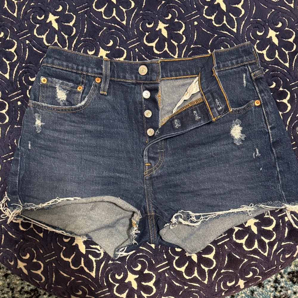 Levi's Dark Blue Distressed 501 Jean Shorts